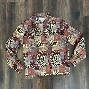 Annie Alexander Women’s Blouse Size Petite 100% Silk Top Button Up Shirt Animal